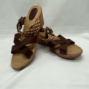 Born BOC Izabel Wedge Slide Platform Cork Heel Flower Stamped Sandals Size 10